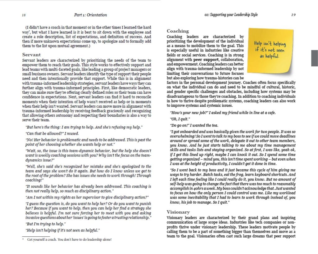 A 2-page spread from the book Trauma-informed Leadership by Elizabeth Vahey Smith