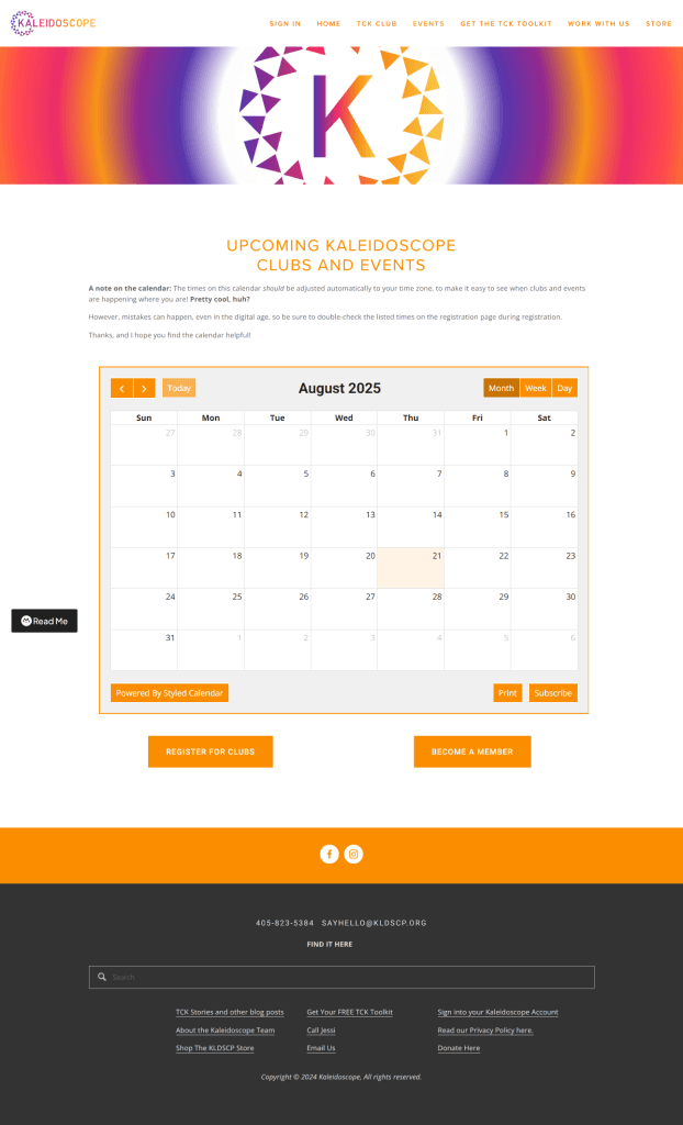 The Upcoming Events page for Kaleidoscope's Website